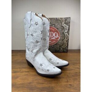 Laredo Dan Post 52111 White Leather Cowboy Boots Women 10 M Star Sequins Box